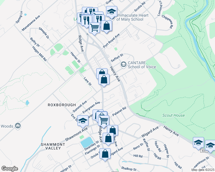 map of restaurants, bars, coffee shops, grocery stores, and more near 627 Summit Avenue in Philadelphia