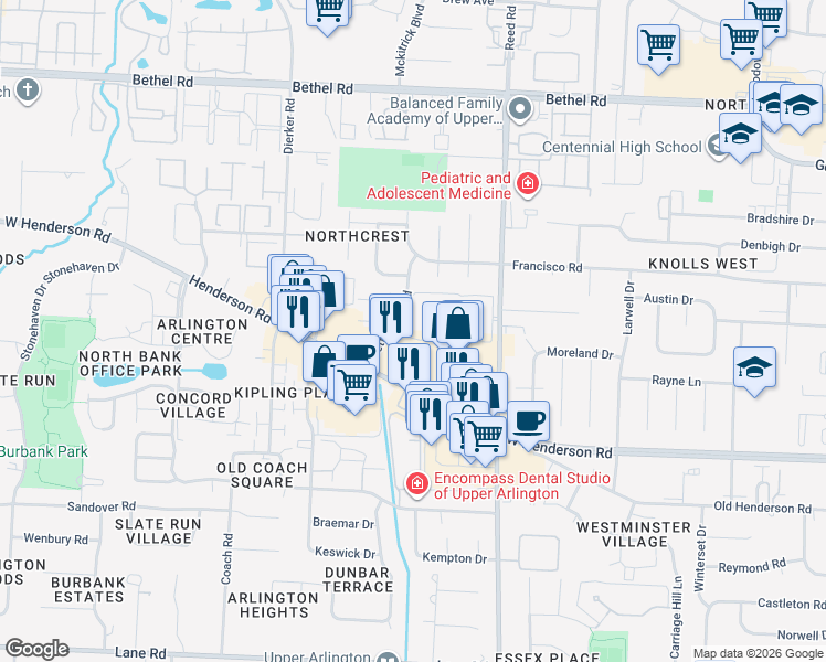 map of restaurants, bars, coffee shops, grocery stores, and more near 1933 Willoway Circle North in Columbus