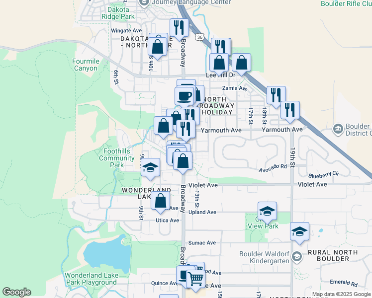 map of restaurants, bars, coffee shops, grocery stores, and more near 4580 Broadway in Boulder
