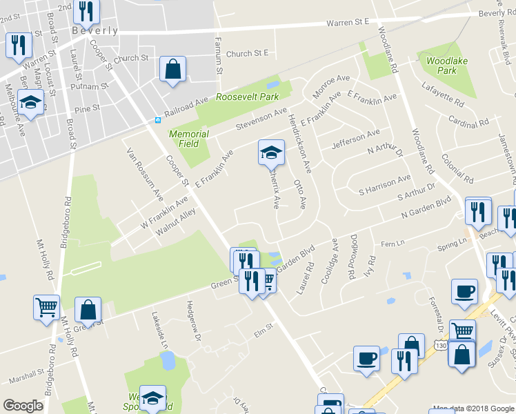 map of restaurants, bars, coffee shops, grocery stores, and more near 32 Washington Avenue in Beverly