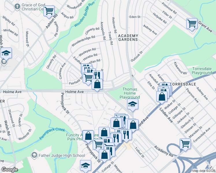 map of restaurants, bars, coffee shops, grocery stores, and more near 3266 Fordham Road in Philadelphia