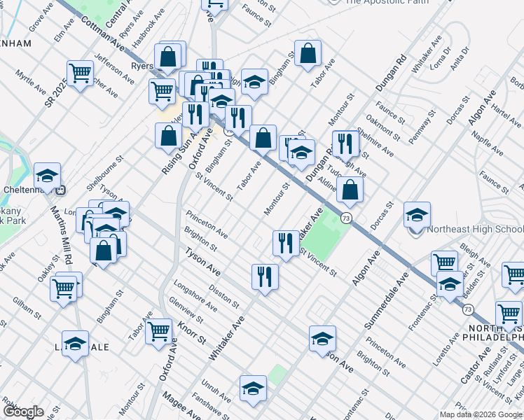 map of restaurants, bars, coffee shops, grocery stores, and more near 7217 Claridge Street in Philadelphia