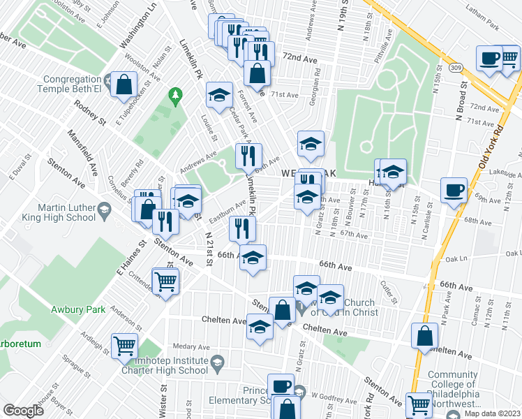 map of restaurants, bars, coffee shops, grocery stores, and more near 2018 68th Avenue in Philadelphia