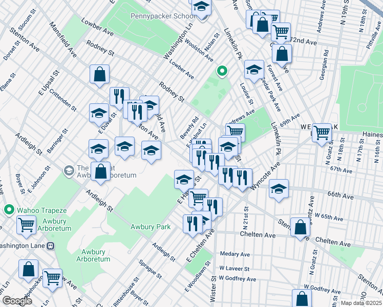 map of restaurants, bars, coffee shops, grocery stores, and more near 6656 Cornelius Street in Philadelphia