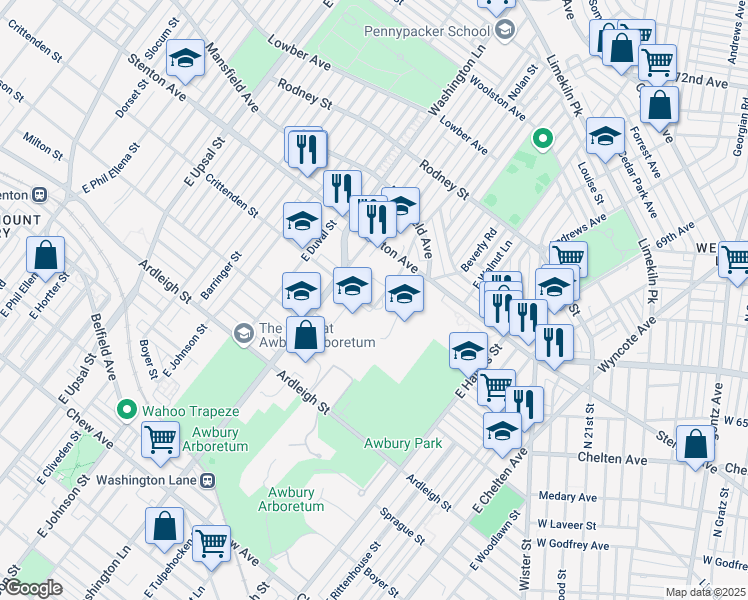 map of restaurants, bars, coffee shops, grocery stores, and more near 1324R Washington Lane in Philadelphia