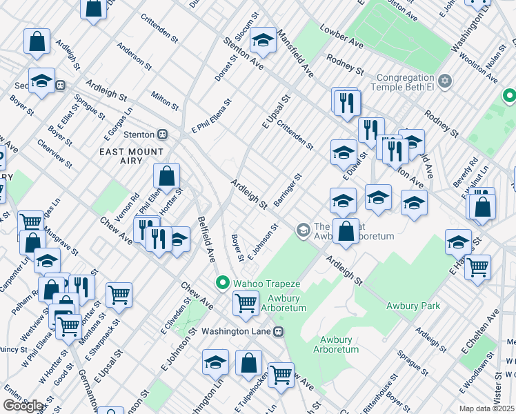 map of restaurants, bars, coffee shops, grocery stores, and more near 1106 East Cliveden Street in Philadelphia