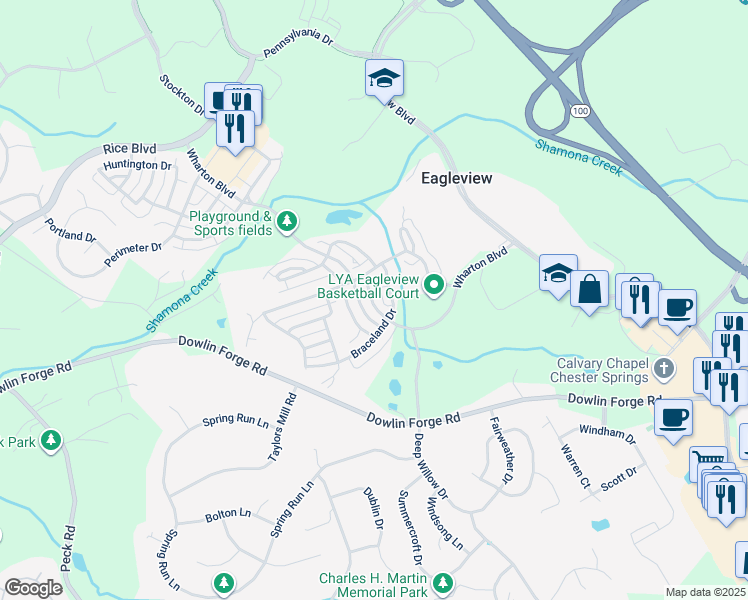 map of restaurants, bars, coffee shops, grocery stores, and more near 492 East Wharton Boulevard in Exton