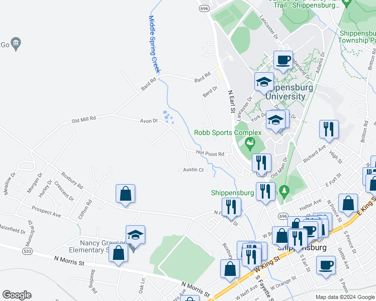 map of restaurants, bars, coffee shops, grocery stores, and more near 101 Hot Point Avenue in Shippensburg