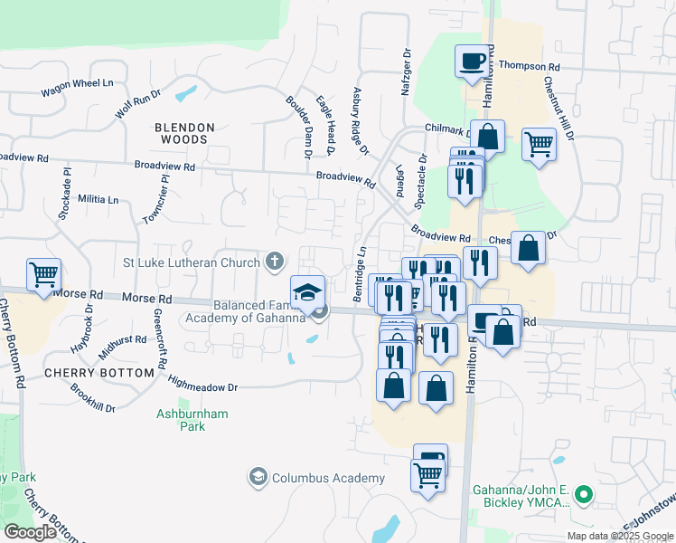 map of restaurants, bars, coffee shops, grocery stores, and more near 4573 Charlesfield Drive in Columbus