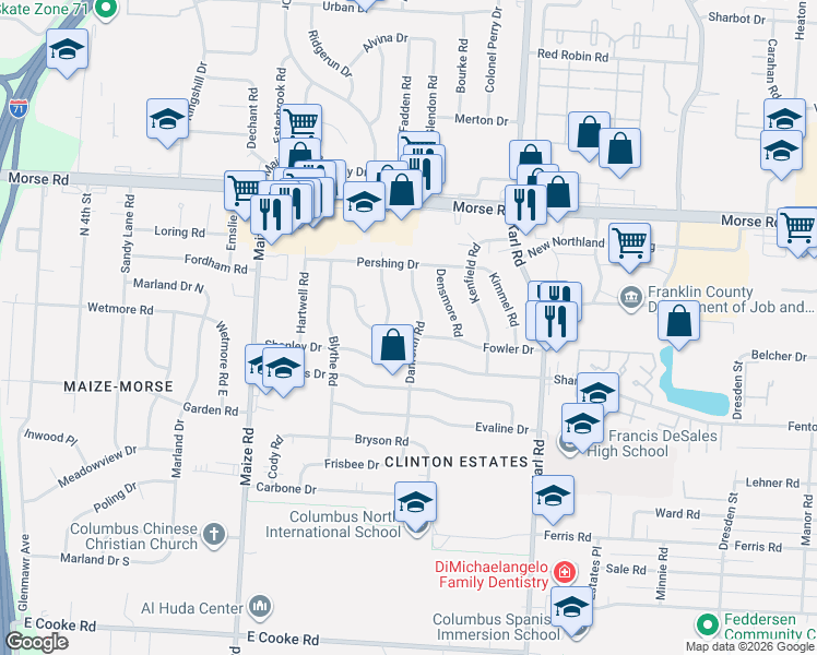 map of restaurants, bars, coffee shops, grocery stores, and more near 4459 Danforth Road in Columbus