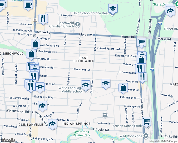 map of restaurants, bars, coffee shops, grocery stores, and more near 356 East Beaumont Road in Columbus