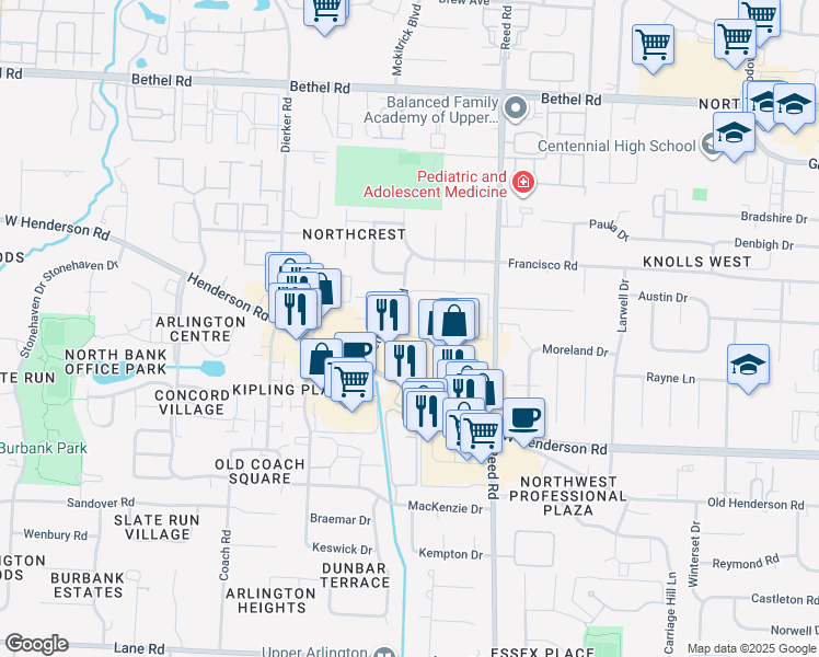 map of restaurants, bars, coffee shops, grocery stores, and more near 1933 Willoway Circle North in Columbus