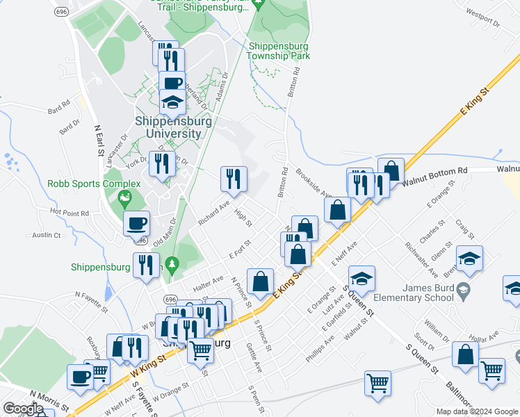 map of restaurants, bars, coffee shops, grocery stores, and more near 206 North Queen Street in Shippensburg