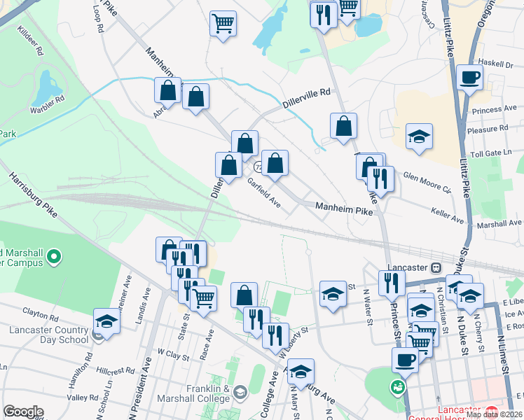 map of restaurants, bars, coffee shops, grocery stores, and more near 1001-1099 Race Street in Lancaster