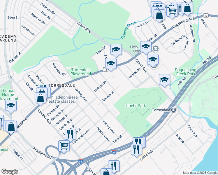 map of restaurants, bars, coffee shops, grocery stores, and more near 4518 Eden Street in Philadelphia