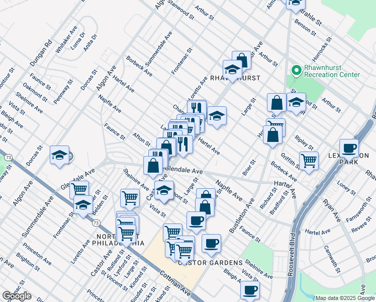 map of restaurants, bars, coffee shops, grocery stores, and more near 7707 Castor Avenue in Philadelphia
