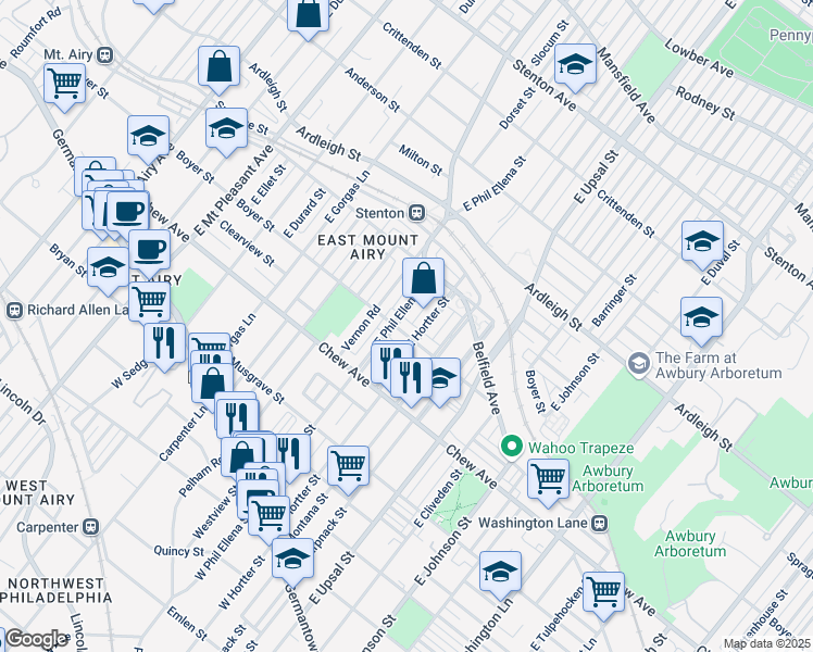 map of restaurants, bars, coffee shops, grocery stores, and more near 405 East Phil Ellena Street in Philadelphia
