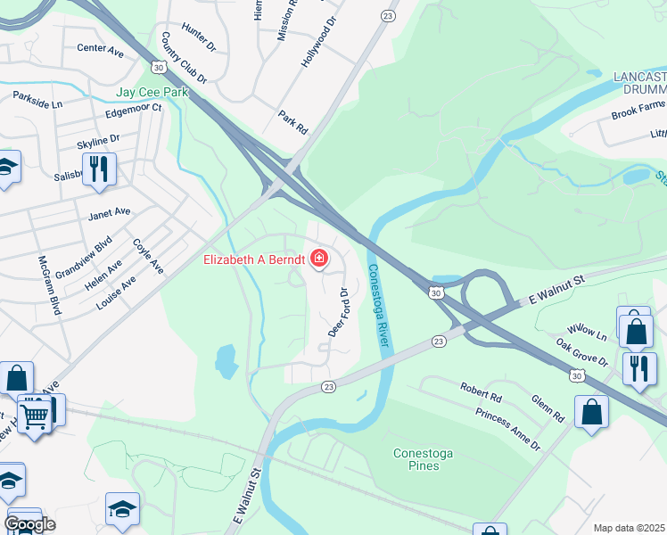 map of restaurants, bars, coffee shops, grocery stores, and more near 135 Deer Ford Dr in Lancaster