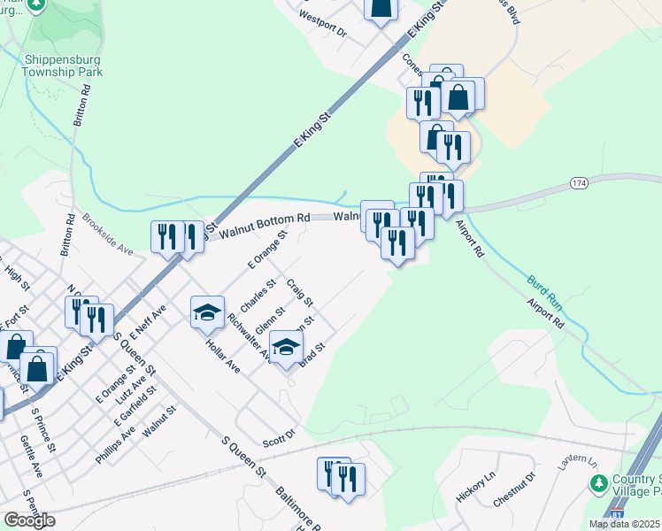 map of restaurants, bars, coffee shops, grocery stores, and more near Craig Street in Shippensburg