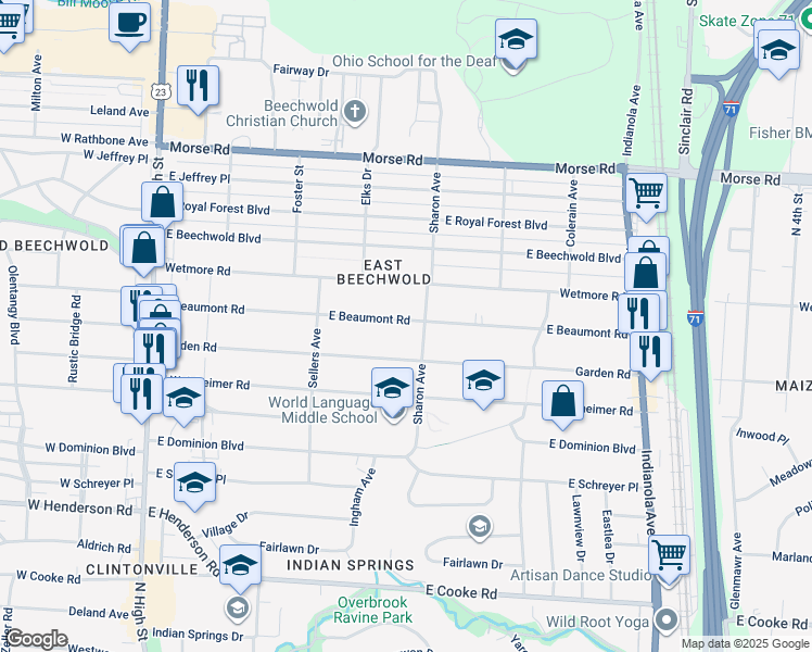 map of restaurants, bars, coffee shops, grocery stores, and more near 356 East Beaumont Road in Columbus