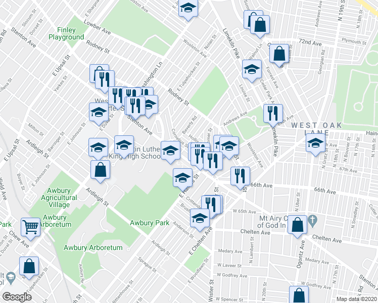 map of restaurants, bars, coffee shops, grocery stores, and more near 6660 Cornelius Street in Philadelphia