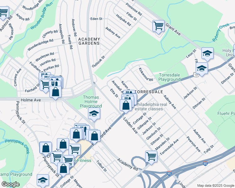 map of restaurants, bars, coffee shops, grocery stores, and more near 3825 Etta Street in Philadelphia