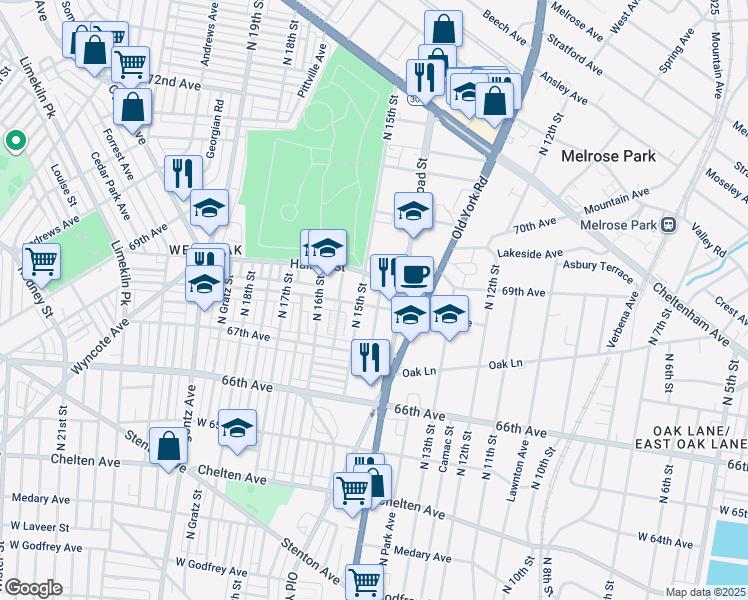 map of restaurants, bars, coffee shops, grocery stores, and more near 1417 68th Avenue in Philadelphia