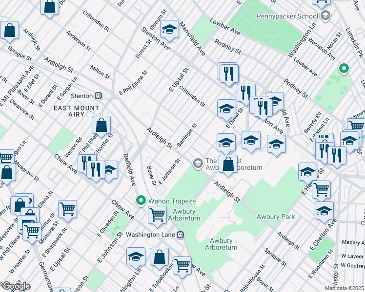 map of restaurants, bars, coffee shops, grocery stores, and more near 1108 Barringer Street in Philadelphia