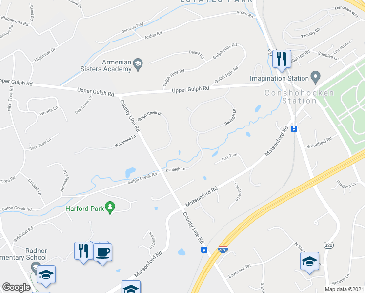 map of restaurants, bars, coffee shops, grocery stores, and more near 1272 Gulph Creek Drive in Wayne