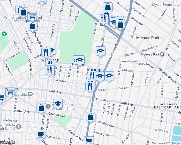 map of restaurants, bars, coffee shops, grocery stores, and more near 1417 68th Avenue in Philadelphia