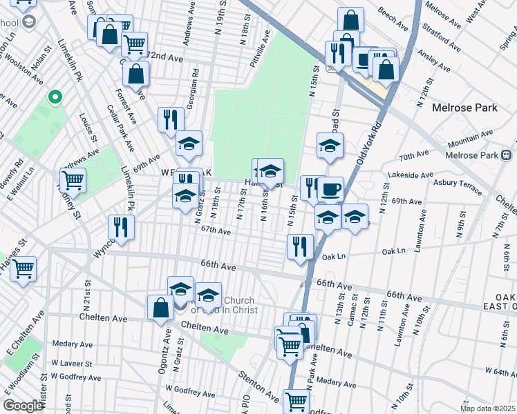 map of restaurants, bars, coffee shops, grocery stores, and more near 1604 68th Avenue in Philadelphia