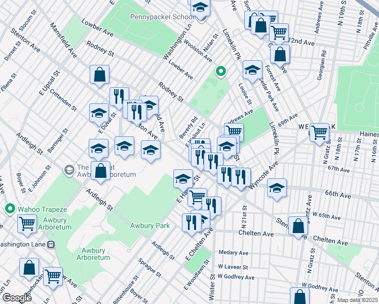 map of restaurants, bars, coffee shops, grocery stores, and more near 6660 Cornelius Street in Philadelphia