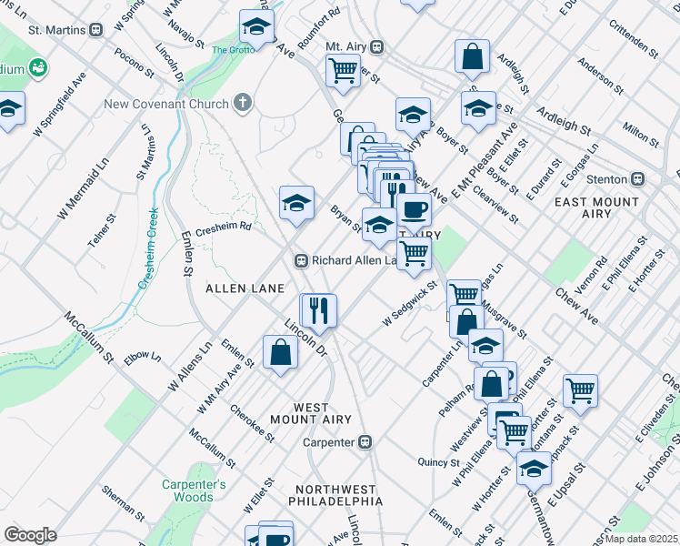 map of restaurants, bars, coffee shops, grocery stores, and more near 163 West Durham Street in Philadelphia