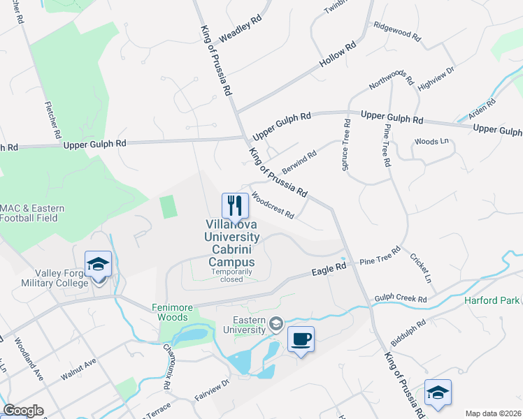 map of restaurants, bars, coffee shops, grocery stores, and more near 735 Woodcrest Road in Wayne