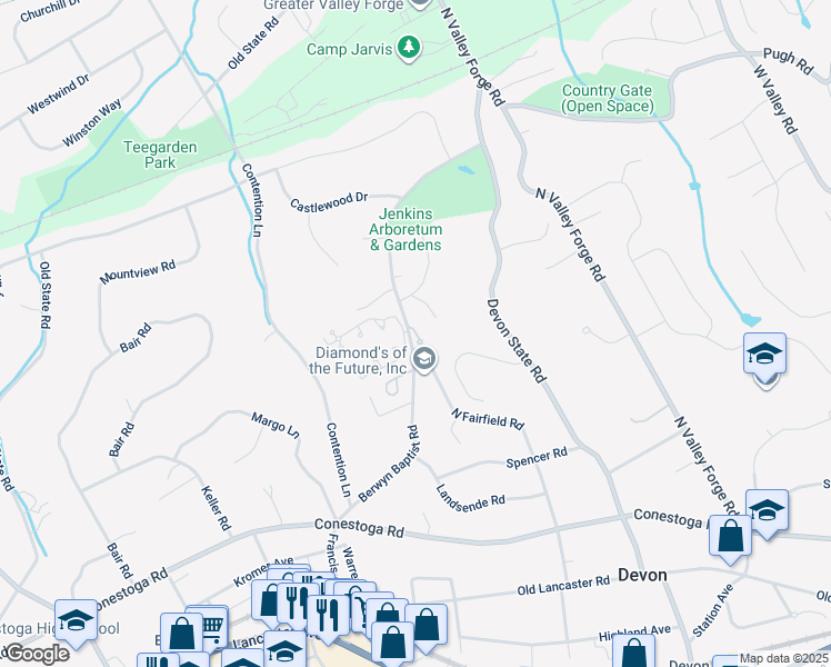map of restaurants, bars, coffee shops, grocery stores, and more near 527 Berwyn Baptist Road in Devon