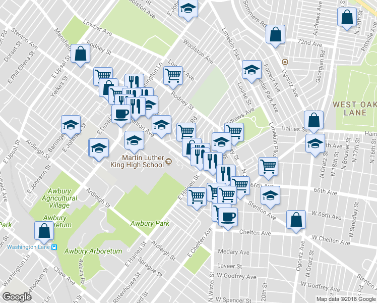 map of restaurants, bars, coffee shops, grocery stores, and more near 6662 Cornelius Street in Philadelphia