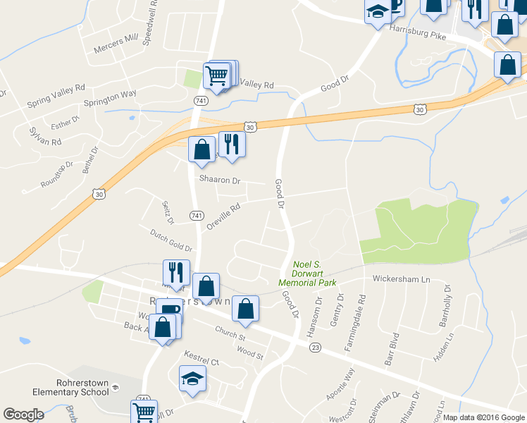map of restaurants, bars, coffee shops, grocery stores, and more near 226 Rocklawn Lane in Lancaster