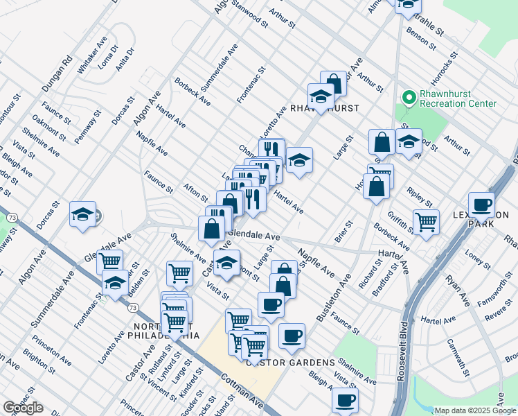 map of restaurants, bars, coffee shops, grocery stores, and more near 7707 Castor Avenue in Philadelphia