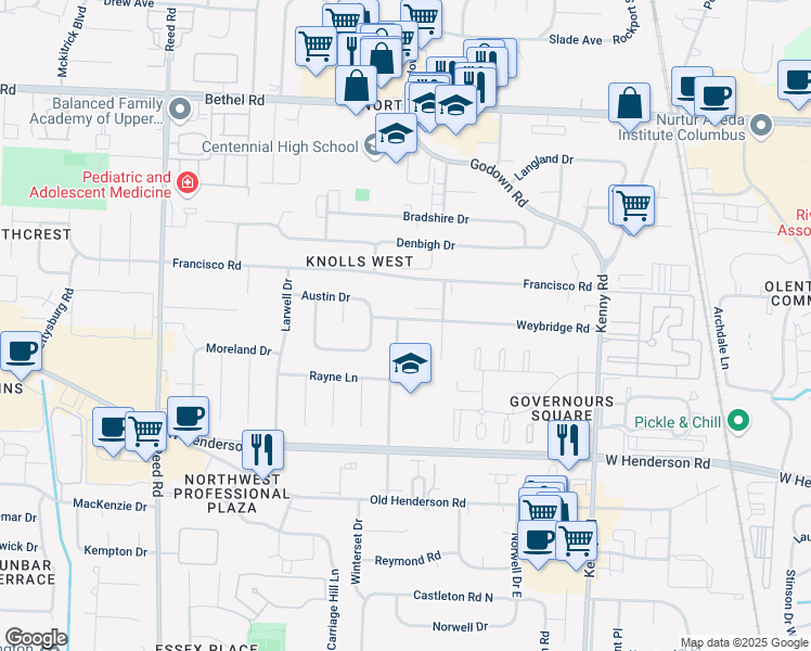 map of restaurants, bars, coffee shops, grocery stores, and more near 1414 Weybridge Road in Columbus