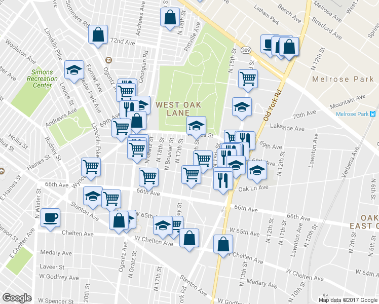 map of restaurants, bars, coffee shops, grocery stores, and more near 1610 68th Avenue in Philadelphia