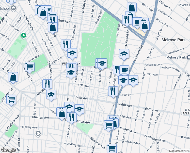 map of restaurants, bars, coffee shops, grocery stores, and more near 1629 68th Avenue in Philadelphia