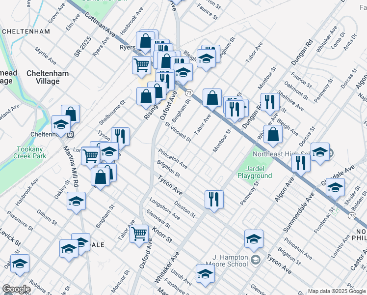 map of restaurants, bars, coffee shops, grocery stores, and more near 7122 Tabor Avenue in Philadelphia