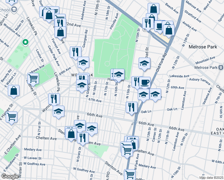 map of restaurants, bars, coffee shops, grocery stores, and more near 1610 68th Avenue in Philadelphia