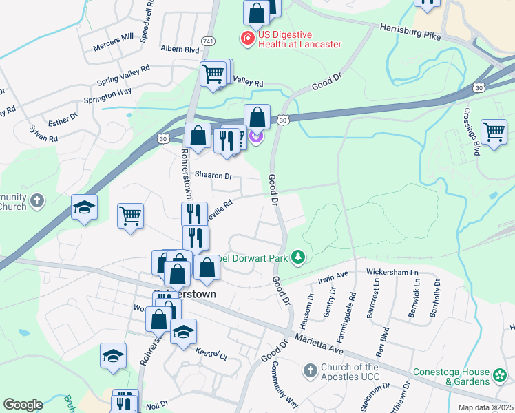 map of restaurants, bars, coffee shops, grocery stores, and more near 226 Rocklawn Lane in Lancaster