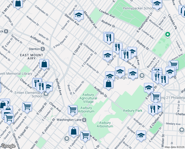 map of restaurants, bars, coffee shops, grocery stores, and more near 6336 Anderson Street in Philadelphia