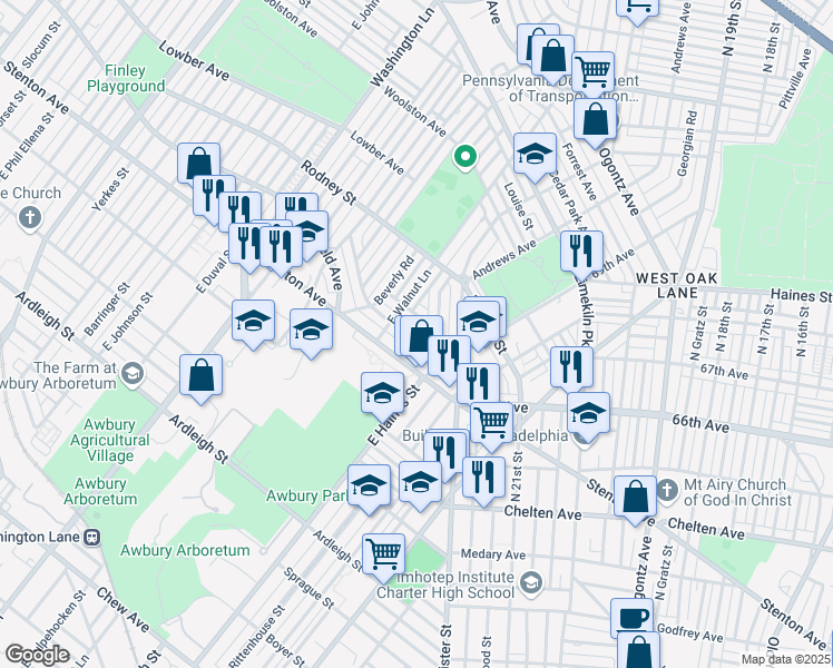 map of restaurants, bars, coffee shops, grocery stores, and more near 6637 Cornelius Street in Philadelphia