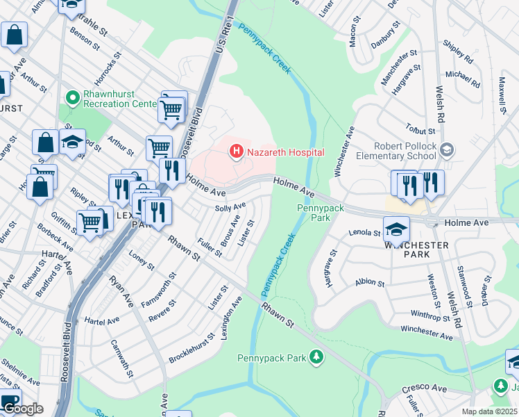 map of restaurants, bars, coffee shops, grocery stores, and more near 8171 Lister Street in Philadelphia