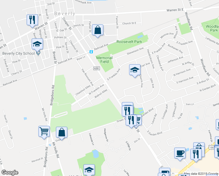 map of restaurants, bars, coffee shops, grocery stores, and more near Cooper Street in Edgewater Park
