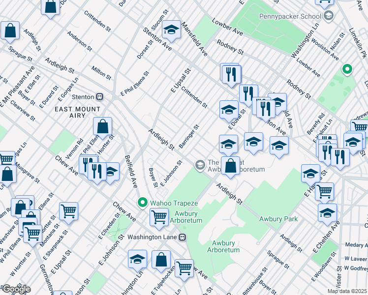 map of restaurants, bars, coffee shops, grocery stores, and more near 1108 Barringer Street in Philadelphia