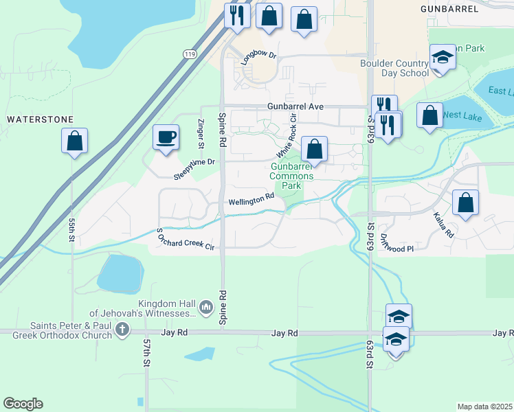 map of restaurants, bars, coffee shops, grocery stores, and more near 4515 Wellington Road in Boulder